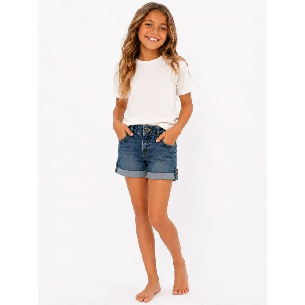 Arizona Jean Co Girls Cuffed Denim Shorts Rolled Hem Size 7 Mid Rise Cotton